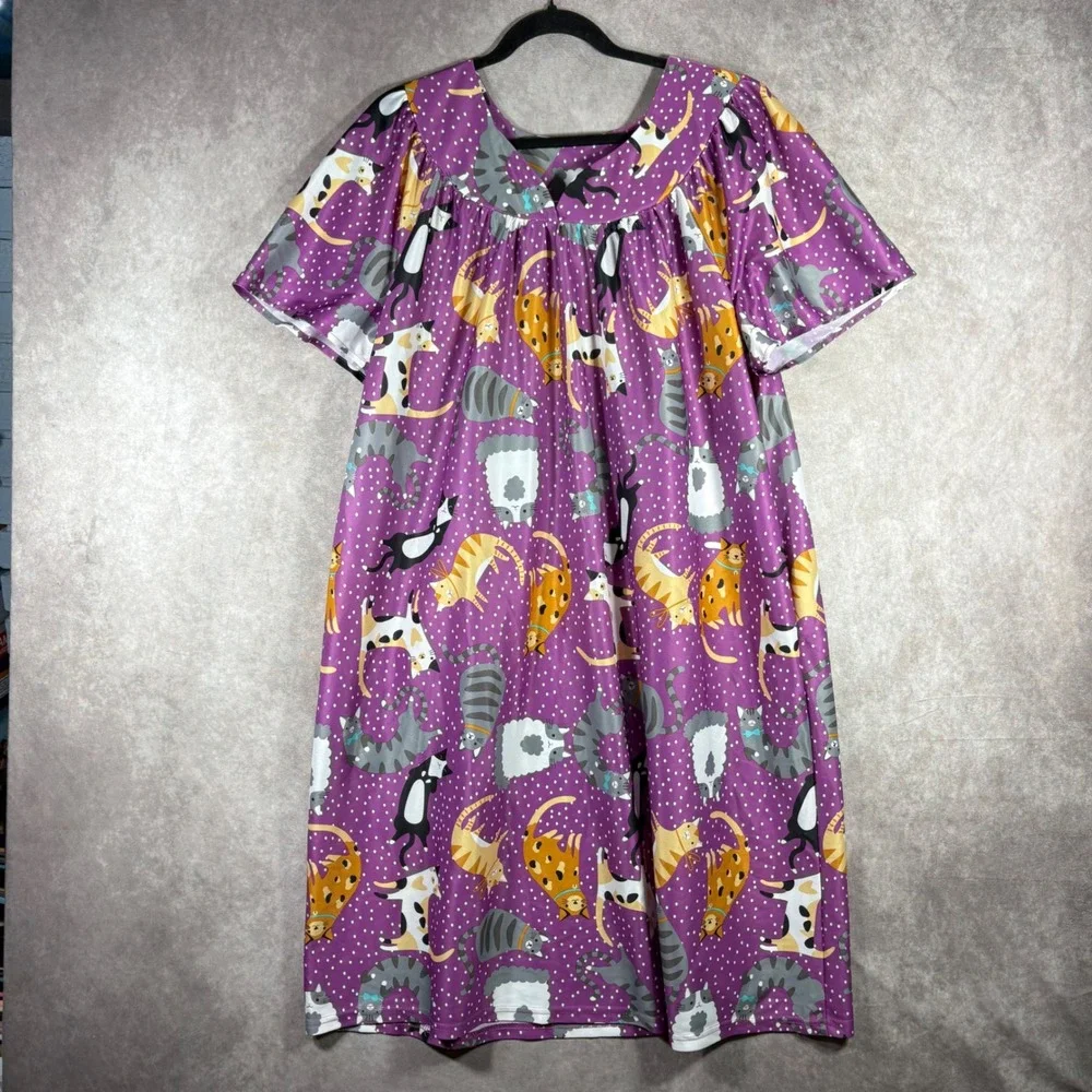 Anthony Richards House Dress Women Size XL Purple Cat Polka Dot Muumuu Nightgown